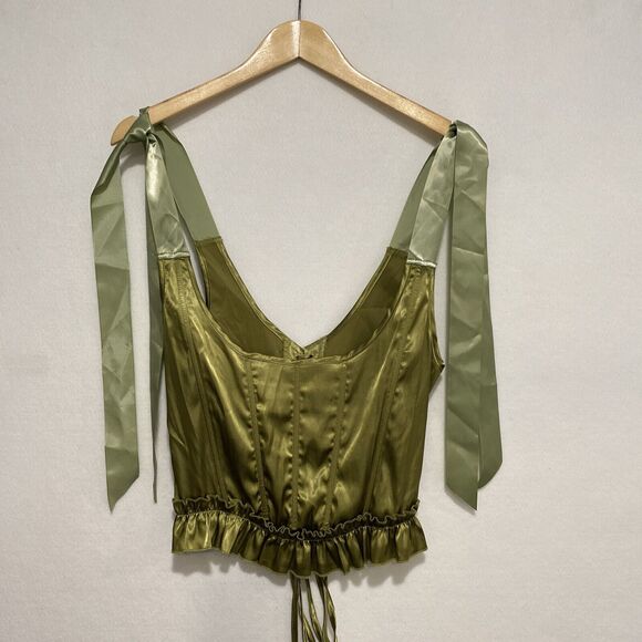 Ribbon Corset Top Medium Whimsical Satiny Chartreuse Lace Up Back Fairy - Picture 7 of 8